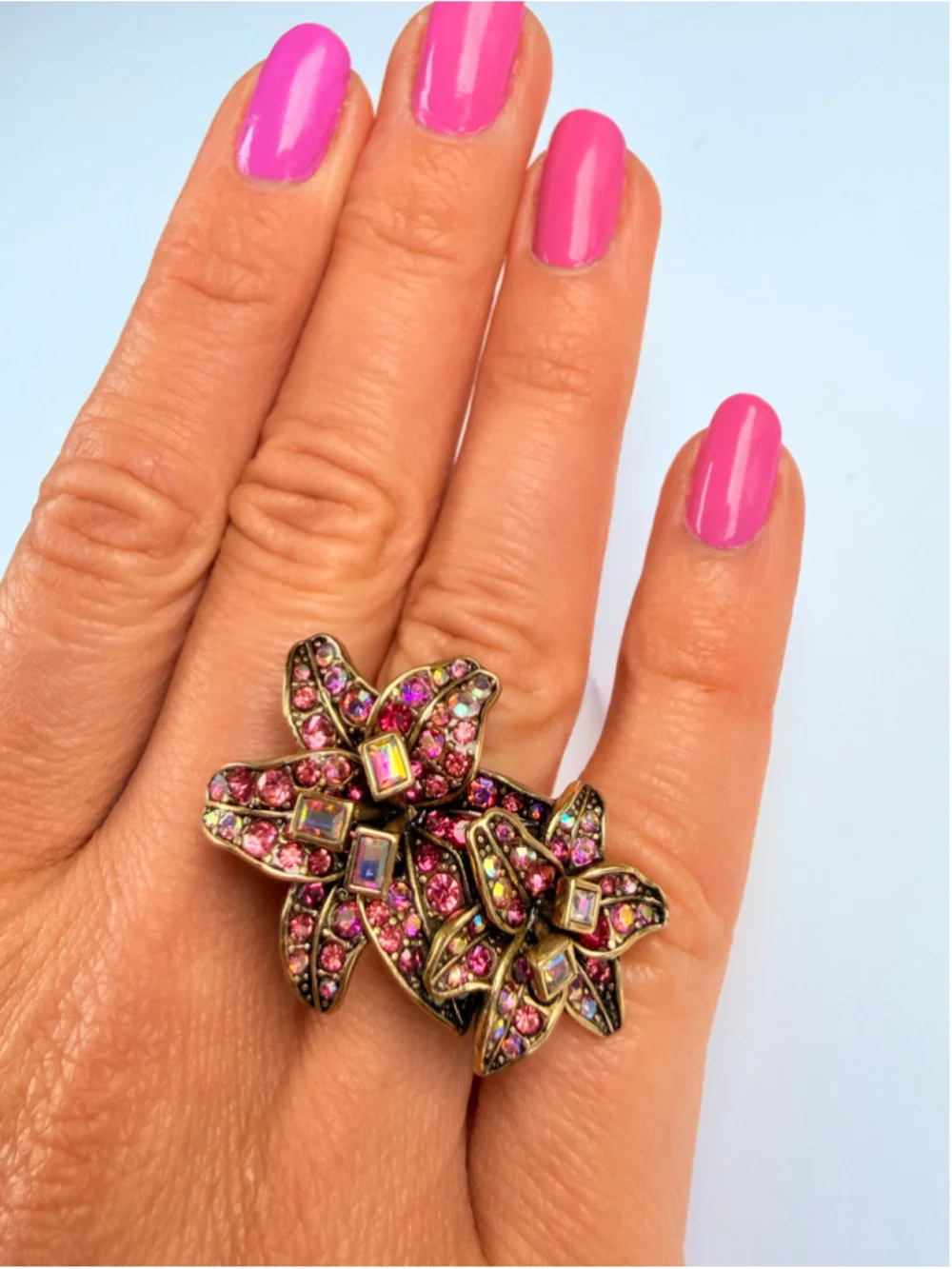 Heidi Daus Foral Rose Swarovski Crystal Aurora Borealis Statement Gold Ring NWT